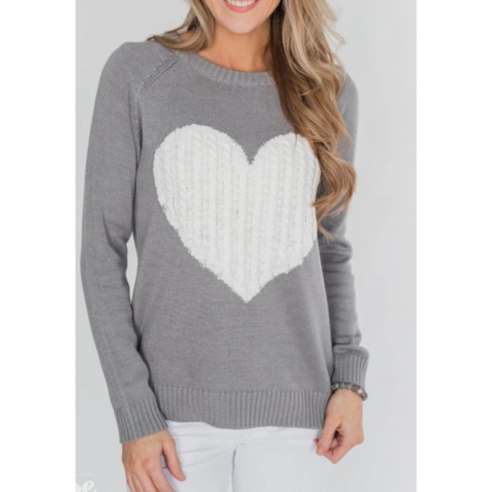 Gray Womens Cozy Heart Knit Sweater Medium‎ Softcore Whimsy Y2K Cute Knitwear